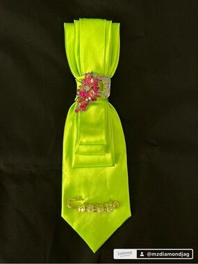 Neon Lime Satin Tie with Pink & Green Crystal Brooch